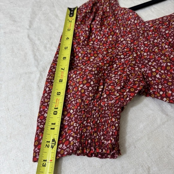Cottagecore Milkmaid Peasant Top Sz Med Red Floral Puff Sleeves Smocked Coquette - Picture 9 of 9